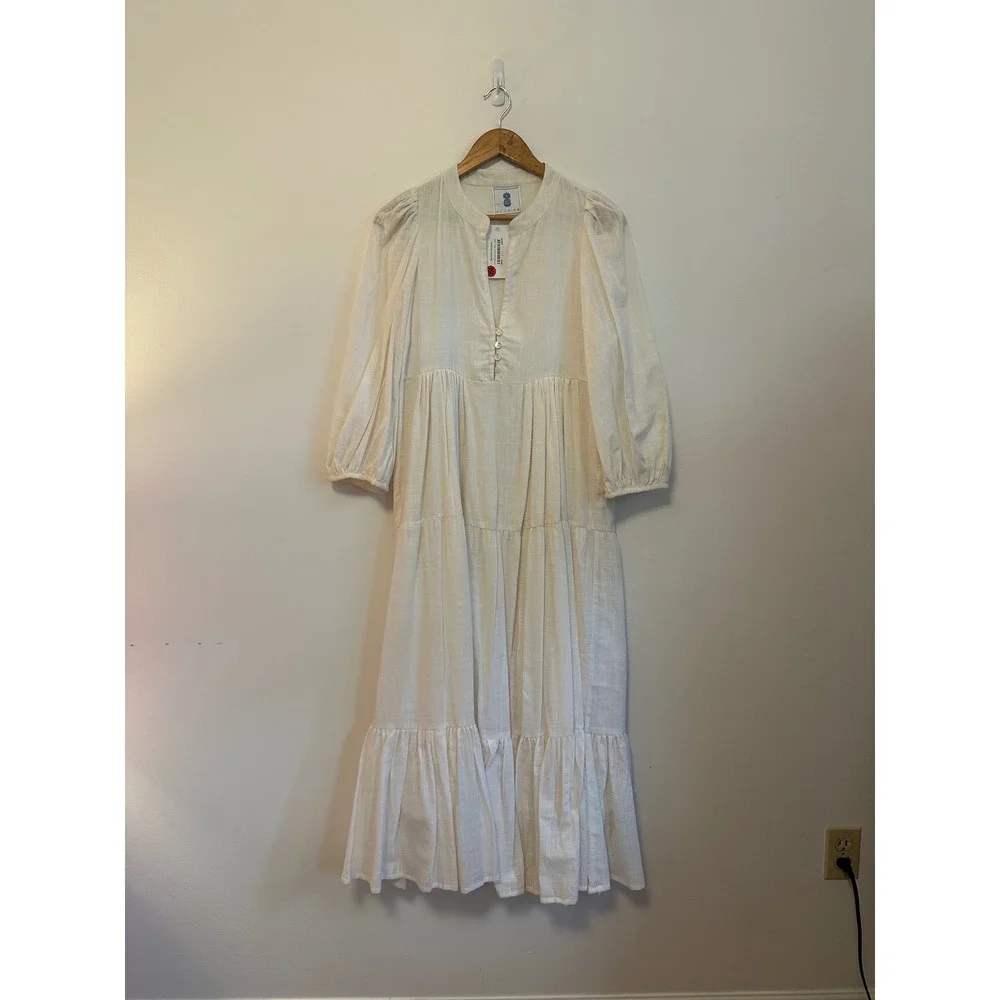 NWT CJ Laing Ingrid Tiered Cotton Maxi Dress in Bone White | Size Large